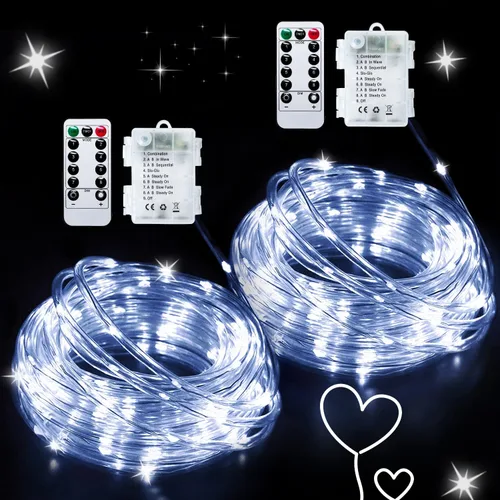 Vista 23 de JMEXSUSS Paquete de 2 luces de Navidad a pilas de luces blancas cálidas, impermeables al aire libre, 200 LED de 66 pies, 8 modos, funciona