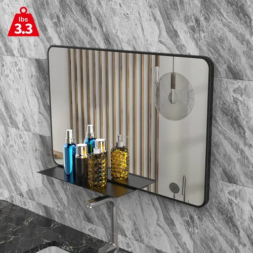 Vista 6 de Espejo de pared con estante para baño, 28 x 18 pulgadas, marco negro, espejos de pared para colgar horizontal o vertical, espejos modernos de pared