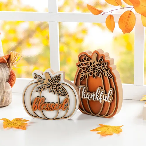 Vista 5 de Glitzhome Juego de 2 decoraciones de calabaza de madera de Acción de Gracias (6 pulgadas y 8 pulgadas de alto) – Decoración de mesa de granja