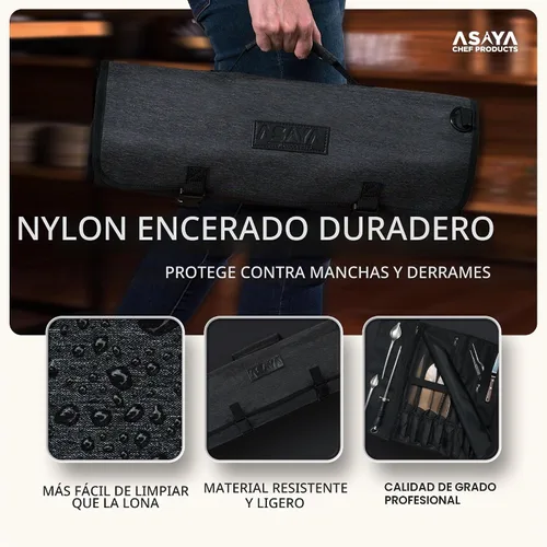 Vista 3 de Asaya Bolsa enrollable para cuchillos de chef, 20 bolsillos en total para cuchillos y utensilios de cocina, fabricada con nailon encerado resistente