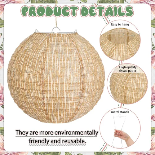 Vista 4 de 10 linternas de papel bohemias neutras de 10 pulgadas Decoración colgante de arpillera rústica para bodas, baby shower, dormitorio, patio en casa