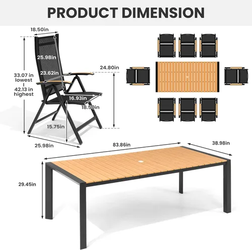 Vista 2 de Crestlive Products Juego de comedor de patio de 9 piezas, mesa de aluminio de 83 pulgadas para exteriores con 8 sillas reclinables, respaldo