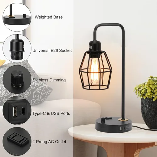 Vista 6 de Juego de 2 lámparas de mesa industriales regulables, modernas lámparas de noche negras con puertos de carga USB A+C y salida de CA, lámpara