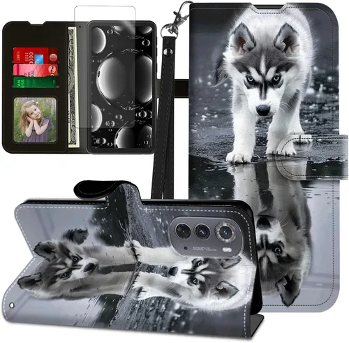 Vista 271 de Funda para Motorola Edge 2022 con protector de pantalla, soporte y tarjetero y correa para la muñeca, funda magnética para Moto Edge 2022 5G UW Lobo