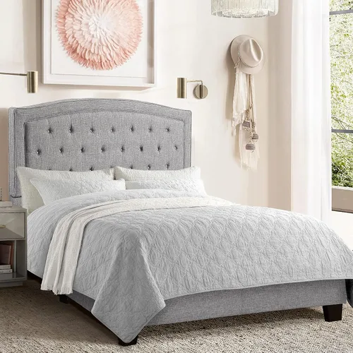 Vista 20 de Rosevera Carlisle Marco de cama con cabecera ajustable con botones para dormitorio, tapizado de lino, soporte de listones de madera, fácil montaje