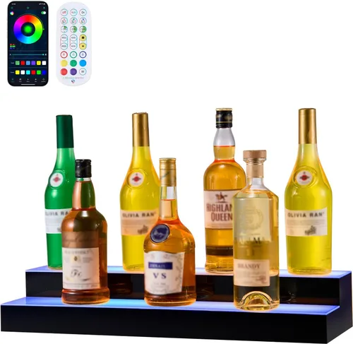 Vista 15 de VEVOR Pantalla de botella de licor con iluminación LED, 2 niveles de 30 pulgadas, compatible con USB, estante iluminado de bar para el hogar