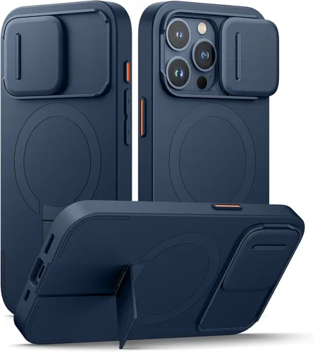 Vista 18 de SURITCH Funda para iPhone 13/14 con cubierta magnética para cámara y soporte ajustable, compatible con MagSafe, a prueba de golpes, funda protectora