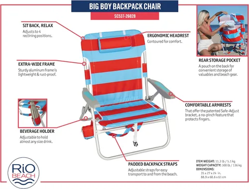 Vista 6 de Rio Beach - Paquete de 2 sillas de playa con almohada, brazos y bolsa de almacenamiento, silla de camping portátil ligera para exteriores con Azul