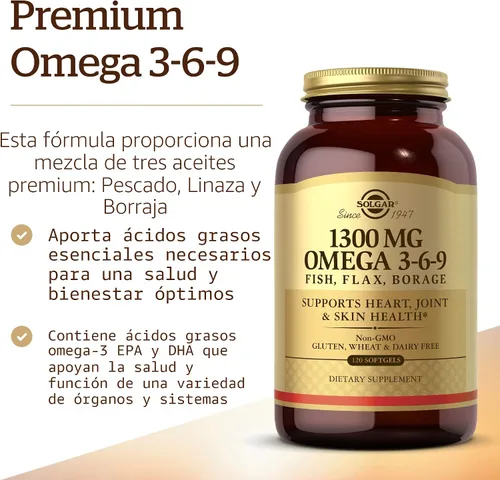 Vista 3 de Solgar 1300 mg Omega 3-6-9, 120 cápsulas blandas - Suplemento de aceite de pescado - Apoyo para la salud de las articulaciones y la piel - Incluye