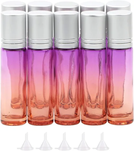 Vista 7 de Juego de 10 botellas enrollables de vidrio, 0.3 fl oz (1/3 onza), tarros de rodillo de gradiente azul con abridor de embudos, frascos de vidrio