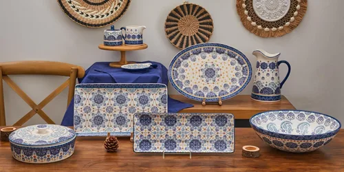 Vista 2 de Bico Blue Talavera - Juego de 2 platos rectangulares de cerámica de 14 pulgadas, para servir ensalada, pasta, queso, jamón, aperitivo, microondas