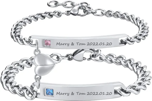 Vista 15 de TempBeau Pulsera para Pareja - Pulsera de Identificación Personalizada con Grabado Personalizado, Pulsera de Cuerda Trenzada para Él y Ella