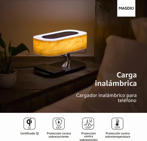 Vista 6 de Lámpara de noche con altavoz Bluetooth y cargador inalámbrico, modo de sueño, regulable sin pasos, 20.00watts