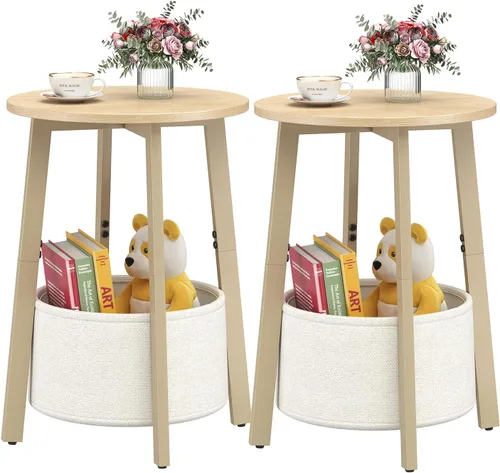 Vista 8 de sthmec Mesa auxiliar pequeña redonda con cesta de almacenamiento de tela, mesa de centro redonda con marco de metal para sofás de cama, mesas