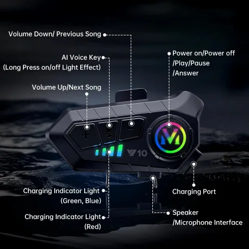 Vista 6 de Auriculares Bluetooth para Casco de Motocicleta, Auriculares Inalámbricos Bluetooth 5.3 para Exteriores con Altavoces, Cancelación de Ruido