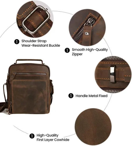 Vista 7 de Bolso bandolera pequeño de cuero genuino para hombre, bolso cruzado de hombro vintage para trabajo, negocios, viajes