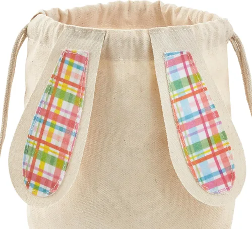 Vista 5 de Hallmark Bolsa de regalo reutilizable de lona de conejo de Pascua con cordón (cuadros de primavera) para caza de huevos de Pascua