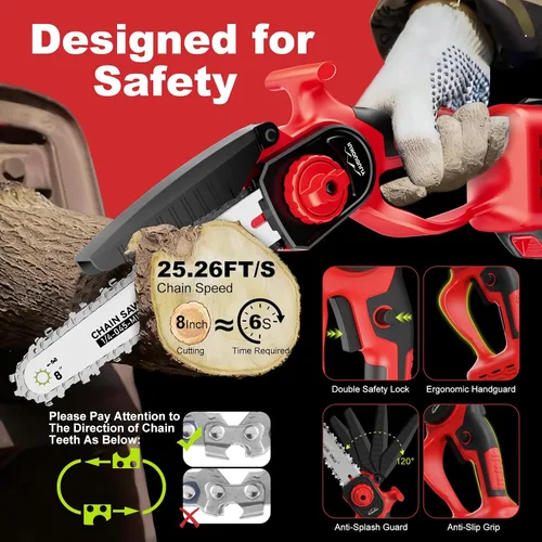 Vista 6 de Mini motosierra inalámbrica de 8" con 2 baterías Luz roja