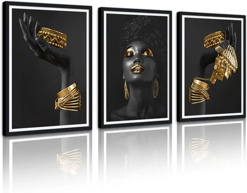 Vista 37 de MAMAGO Lienzo decorativo para pared, pintura de belleza dorada y negra, fotos de mujeres africanas, hermosos pósteres de mujer negra, impresiones