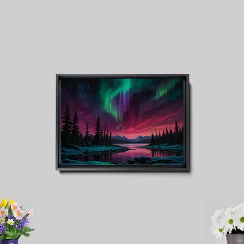 Vista 7 de Aurora Borealis, Northern Lights Art, framed canvas print, snow capped mountain landscape art, synthwave vaporwave, Art Decor, Wall
