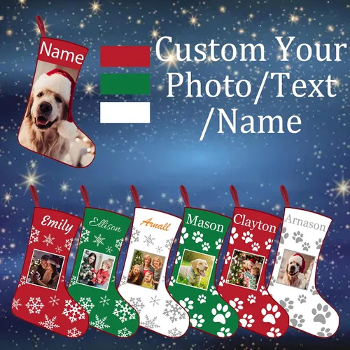 Vista 2 de Calcetines de Navidad personalizados con foto de nombre, imagen de perros y mascotas, patas de perro, calcetines de Navidad, decoración colgante