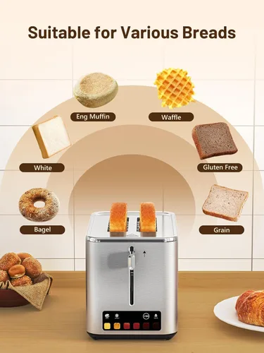 Vista 3 de KEENSTAR Tostadora táctil de 2 ranuras con 6 niveles de tostado, bagel, descongelación y temporizador, ranuras anchas de 1.5", bandeja extraíble