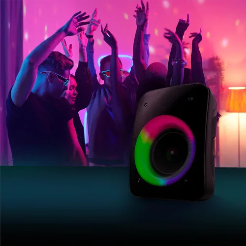 Vista 7 de Coby Altavoz Bluetooth inalámbrico, altavoz portátil con 11 modos de luz LED, entrada de micrófono integrada y radio FM para uso en exteriores