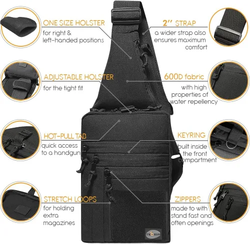 Vista 4 de TECEUM Bolso bandolera táctico compacto – CCW para todos los días – Más de 10 estilos – Bolso cruzado de hombro para transporte oculto de pistola