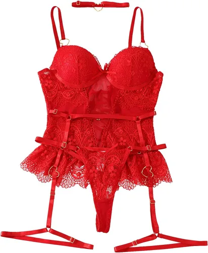 Vista 6 de Lencería de una pieza con encaje en V profundo para mujer, babydoll de encaje transparente, camisón sexy para el sexo travieso juego A617