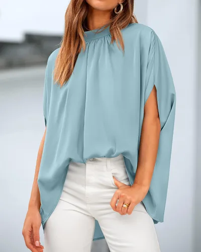 Vista 5 de BTFBM Blusas de verano para mujer, cuello alto falso, manga murciélago, holgadas, dobladillo alto y bajo, blusas informales de gran