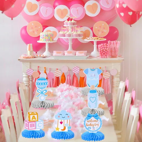 Vista 5 de 6 piezas de decoración de baby shower, centros de mesa de panal de abeja, chupete de bienvenida para bebé, niño, centro de mesa con diseño de panal