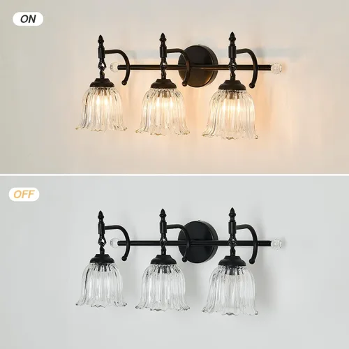 Vista 5 de CVKASH Accesorios de Lámpara de Tocador de Baño de 3 Luces Sobre Espejo, Lámpara de Tocador Moderna Negra con Pantalla de Vidrio, Aplique de Pared