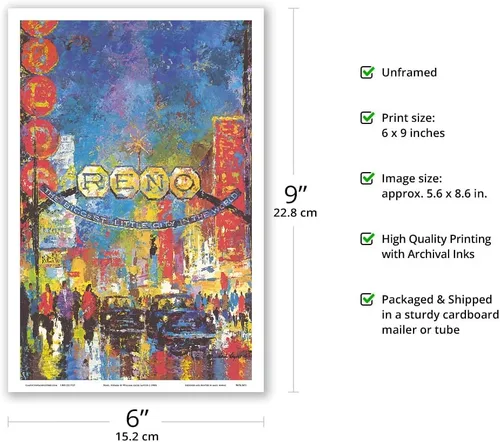 Vista 2 de Reno Nevada - The Biggest Little City in the World - Casinos - Vintage Travel Poster by Jack Laycox c.1980s - Master Art Print (Unframed) 6in x 9in