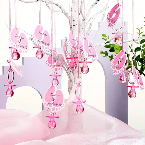 Vista 4 de Tondiamo 24 chupetes acrílicos para bebé, collar con etiquetas de pie, chupetes rosados, chupetes para recién nacidos, baby shower, lindos chupetes
