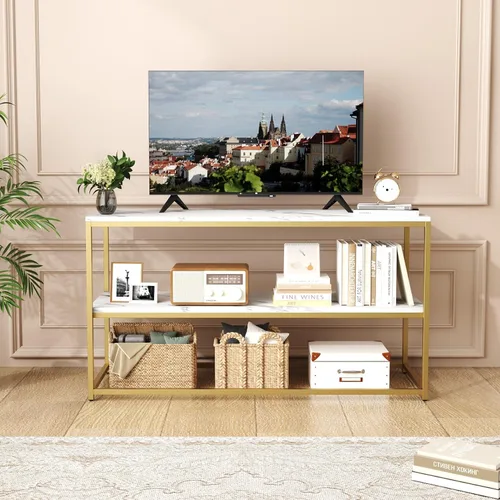 Vista 5 de Function Home Soporte de TV para televisores de hasta 50 pulgadas, centro de entretenimiento de 2 niveles, mueble de TV moderno con parte superior