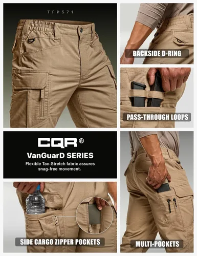Vista 4 de CQR - Pantalones tácticos elásticos para hombre, pantalones cargo de ripstop resistentes al agua, pantalones ligeros para trabajo al aire libre