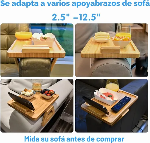 Vista 5 de Bandeja para apoyabrazos de sofá NAVREX con clip, mesa auxiliar de bambú con bandeja para TV, con soporte giratorio de 360° para teléfono, mesa