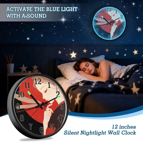 Vista 7 de Battery Operated Silent Non-Ticking Clock Luminous Voice-Activated Wall Clock Retro Dragonfly Anime Chinese Style 12 Inch Decorative for Kitchen