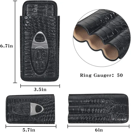 Vista 2 de Funda de cuero para cigarros, humidor de cigarros portátil de 3 dedos, funda para cigarrillos, tubo de cigarros de viaje con cortador de acero