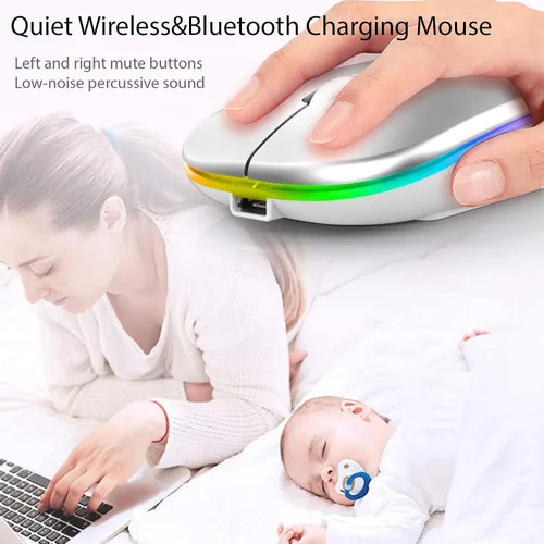Vista 3 de Q&F Tech Ratón/mouse inalámbrico recargable Bluetooth, LED delgado, dos modos (2.4G + BT5.4) Botones silenciosos/silenciosos con 3 DPI ajustables
