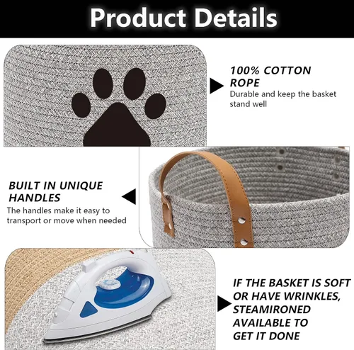 Vista 4 de Morezi Cesta de juguetes de cuerda de algodón para perros, contenedor de almacenamiento de juguetes para cachorros, canasta de lavandería