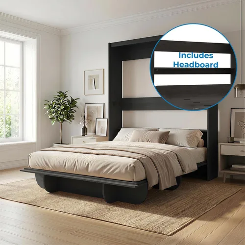 Vista 9 de Mjkone Cama Murphy de pared tamaño Queen con estante de almacenamiento Negro