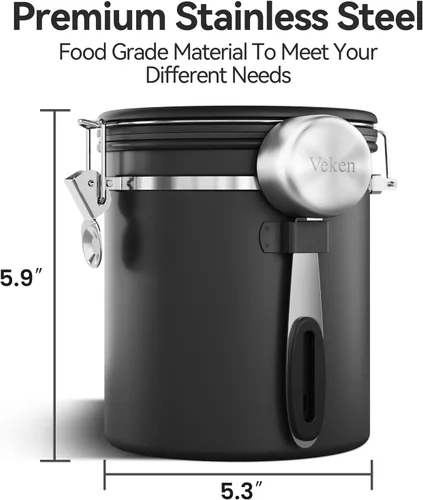 Vista 2 de Veken Recipiente de café con ventana, recipiente hermético de almacenamiento de alimentos de cocina de acero inoxidable con tapas, rastreador