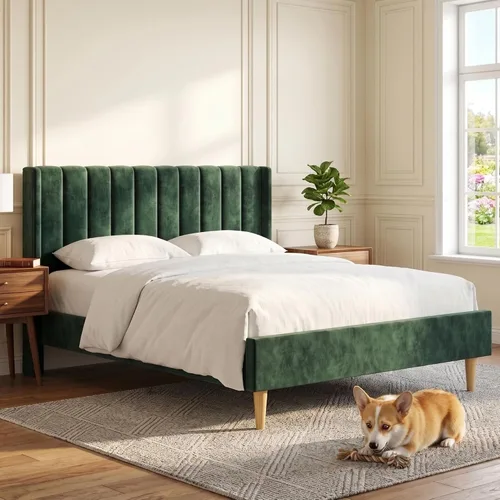 Vista 10 de Cama de plataforma tapizada de terciopelo Queen con cabecera con respaldo de alas, color crema Canal vertical acolchonado, listones de madera