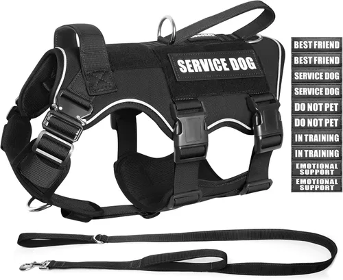 Vista 12 de Juego de chaleco y correa táctico para perro de servicio, arnés resistente con hebillas de metal para perros de tamaño mediano, chaleco ajustable