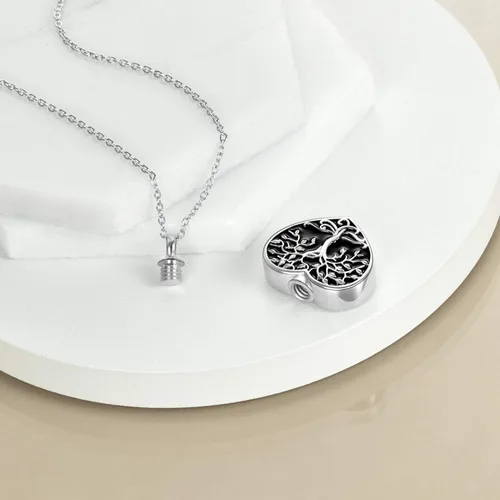 Vista 2 de ONEFINITY Collar de urna de cremación para cenizas, plata de ley, concha de abulón, árbol de la vida, collar con medallón que sostiene imágenes