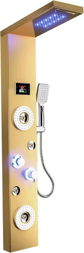 Vista 10 de Sistema de panel de ducha de acero inoxidable tipo torre de Ello&Allo, cabezal de LED, modo cascada o lluvia; sistema de hidromasaje con chorros