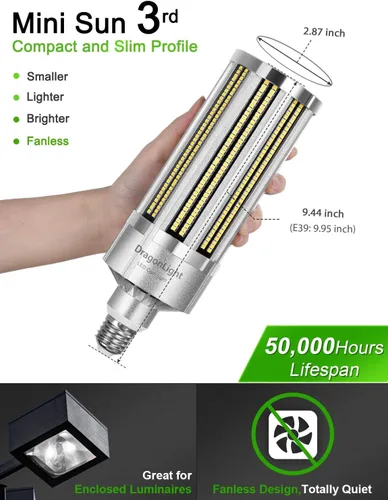 Vista 3 de DragonLight Bombilla LED de Maíz de Grado Comercial de 100W sin Ventilador (Equivalente a 800 Vatios) E26/E39 Lámpara LED de Base Mogul Grande 5000K