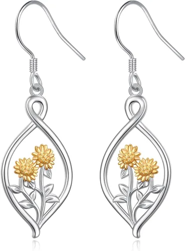 Vista 68 de Aretes colgantes de filigrana de plata de ley 925, margarita, loto, flor de rosa, piedra lunar, lágrima para mujer, nudo celta infinito, margarita