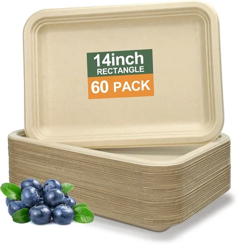 Vista 8 de Paquete de 10 platos de comida, platos de papel rectangulares, aptos para microondas, a prueba de remojos, resistentes a cortes, compostables